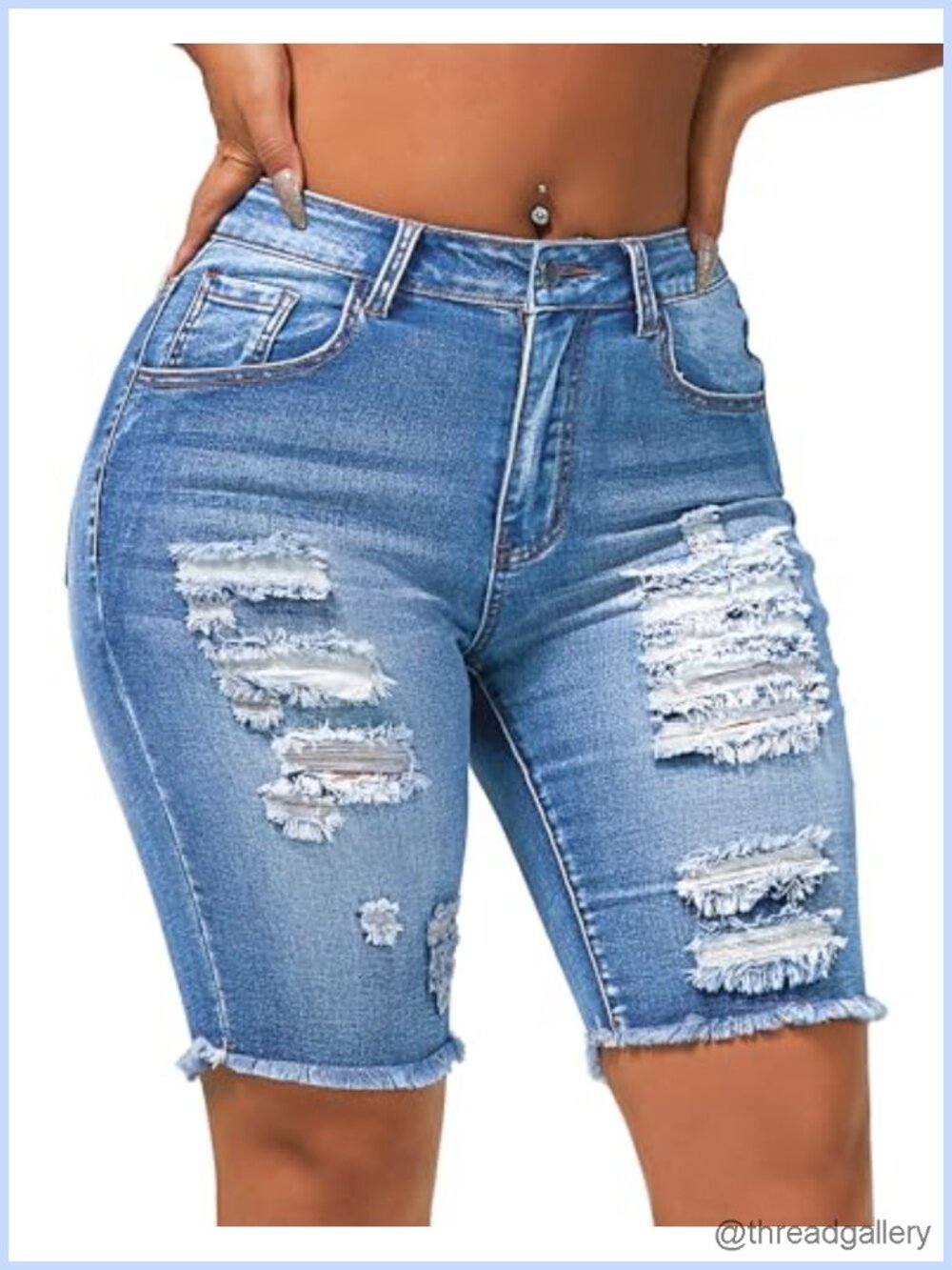 Ripped Stretchy Mid Rise Jean Shorts Bermuda Cut Off